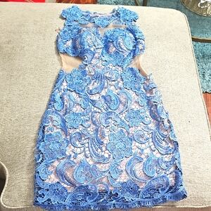 Dave‎ & Johnny Sheer Blue Lace Overlay Cocktail Bodycon Dress size 0